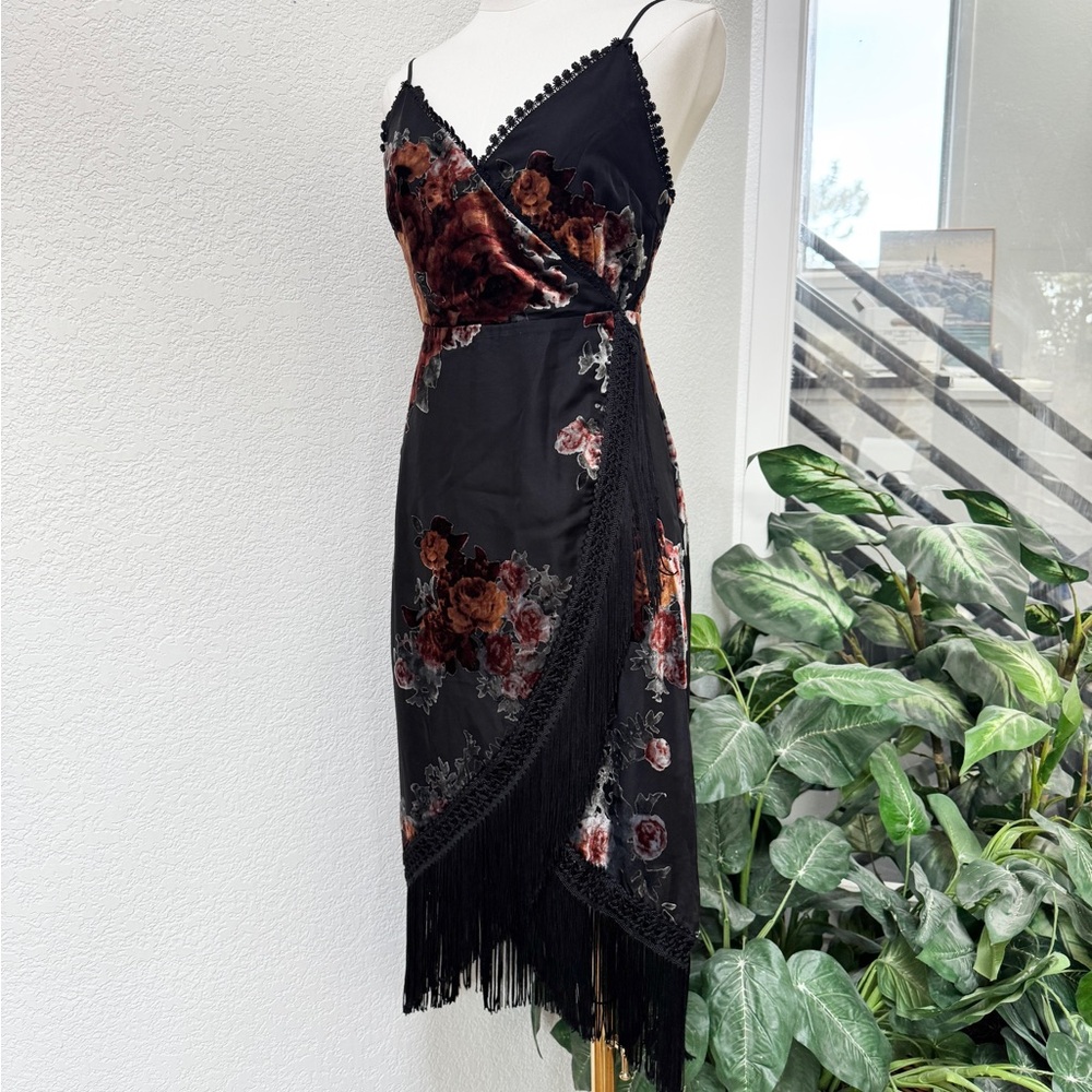 Vintage Retro Bohemian Velvet Burnout Black Floral Fringed Wrap Dress S - Picture 2 of 5